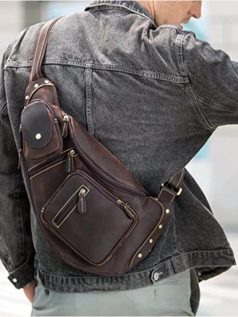 Men's Dark Brown Leather Sling Backpack with Multiple Pockets